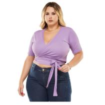 Cropped com Amarração Transpassada Malha Canelada Plus Size