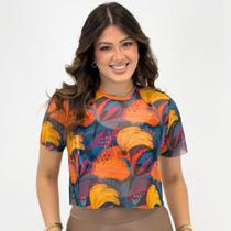 Cropped Costa Rica Manga Curta em Tule Estampado Feminino