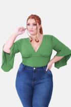 Cropped Curto Plus Size Feminino com Bojo Manga Flare Laço Decotado