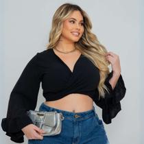 Cropped De Amarrar Casual Com Decote Em V Com Manga Bufante Cropped De Amarrar Casual Com Decote Em V Com Manga Bufante