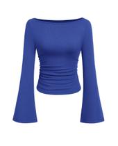 Cropped de Manga Longa PRETTYGARDEN Feminino em Malha Canelada Azul