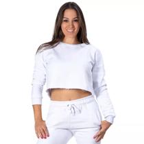 Cropped de Moletom Flanelado Gola Careca Branco