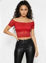 Cropped de Renda Vermelho Ombro a Ombro Blusa Feminina Rendada Curta com Manga Cigana Cropped de Renda Vermelho Ombro a Ombro Blusa Feminina Rendada Curta com Manga Cigana