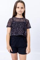 Cropped de Tule Floral Juvenil Manga Curta Transparente