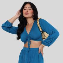 Cropped de Viscolycra Amarração Frontal e Manga 7/8