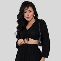 Cropped de Viscolycra Amarração Frontal e Manga 7/8