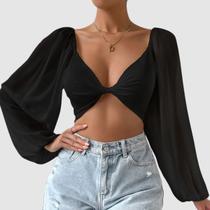 Cropped Decotado Suplex Top Sem Bojo Manga Comprida Tule Tendência Balada Cropped Decotado Suplex Top Sem Bojo Manga Comprida Tule Tendência Balada