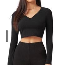 Cropped Decote em V Blusa Feminina Manga Longa Em Suplex