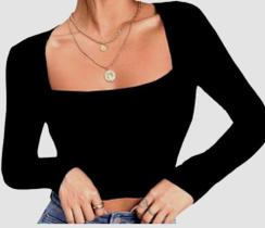 Cropped Decote Quadradinho Manga Longa Em Tecido Suplex