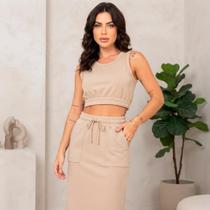Cropped E Saia Mídi Conjunto Feminino Ajustável Moletinho Luxuoso 638