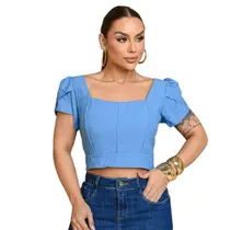 Cropped Elegante com Manga Bufante e Lastex nas Costas