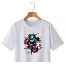 Cropped Estampa Capitão América Cropped Feminino Raglan Macio Leve