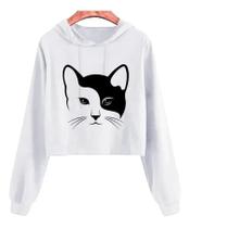 Cropped Estampado Gato Love Capuz Flanelado Cropped Estampado Gato Love Capuz Flanelado