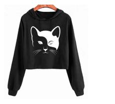 Cropped Estampado Gato Love Capuz Flanelado Cropped Estampado Gato Love Capuz Flanelado