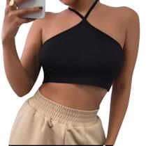 Cropped Eva top regatinha frente única de amarrar no pescoço casual fitness moda blogueira gringa