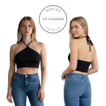 Cropped Eva top regatinha frente única de amarrar no pescoço moda gringa blogueira fitness casual basic -