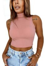 Cropped Feminina Regata Gola Alta Malha Canelada