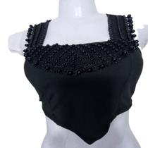 Cropped Feminino Alça Larga com Bojo e Detalhe Fantasia Perolas