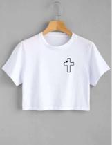 Cropped feminino branco estampado Cruz Igreja coração Camiseta Blusa