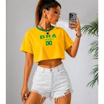 Cropped Feminino Brasil Amarelo Estilo Seleção Brasileira 100% Algodão Premium Cropped Feminino Brasil Amarelo Estilo Seleção Brasileira 100% Algodão Premium