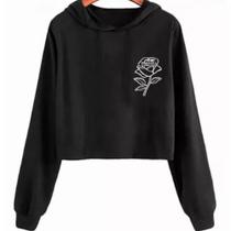 Cropped Feminino Com Capuz Moletom Desenho de Rosa