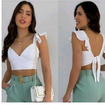 Cropped Feminino com Manga Babadinho e Amarração Nas Costas Alfaiataria