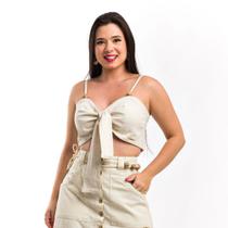 Cropped Feminino De Linho 2 em 1 com Faixa Amarração e Zíper nas Costas