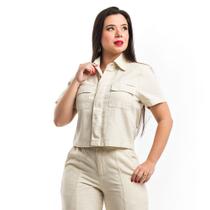 Cropped Feminino De Linho Com Mangas e Botões Invisíveis