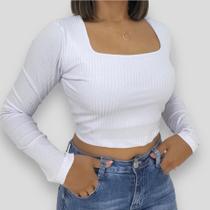 Cropped Feminino De Manga Longa Decote Quadrado Canelado