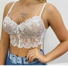 Cropped feminino de renda com bojo alça fina