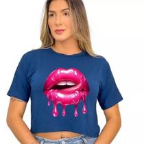 Cropped feminino estampa boca rosa camiseta t-shirt