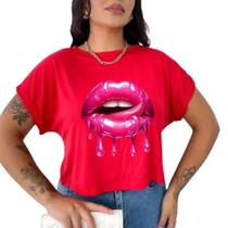 Cropped feminino estampa boca rosa camiseta t-shirt