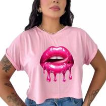 Cropped feminino estampa boca rosa camiseta t-shirt