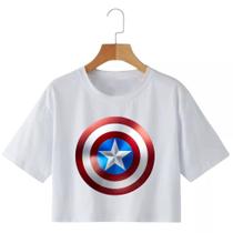 Cropped Feminino Estampa Capitão América Cropped Raglan Escudo Capitão