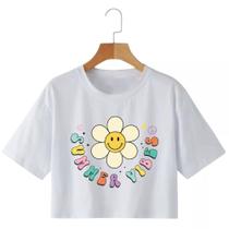 Cropped Feminino Estampa Flores Raglan Manga Curta Cropped Leve Macio Top Cropped