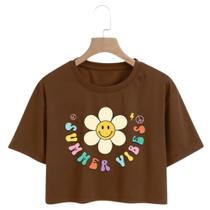 Cropped Feminino Estampa Flores Raglan Manga Curta Cropped Leve Macio Top Cropped