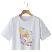 Cropped Feminino Estampa Gato Cropped Raglan Manga Curta Leve Macio