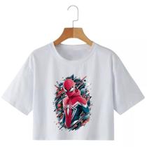 Cropped Feminino Estampa Homem Aranha Cropped Raglan Manga Curta Dia a Dia