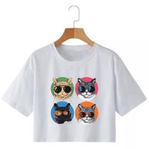 Cropped Feminino Estampado Gato Cropped Feminino Raglan Macio Leve