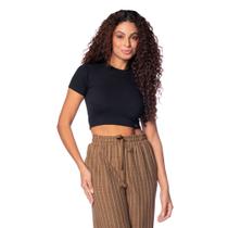 Cropped Feminino Feliny Canelado Gola Careca Preto Cropped Feminino Feliny Canelado Gola Careca Preto