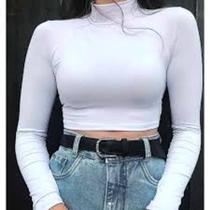 Cropped feminino gola alta manga longa básico malha canelada tendência - Filo modas