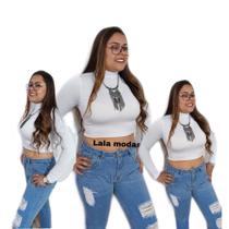 Cropped Feminino Gola Alta Manga Longa em Suplex/branco/preto/rosa Cropped Feminino Gola Alta Manga Longa em Suplex/branco/preto/rosa