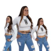 Cropped Feminino Gola Alta Manga Longa em Suplex/branco/preto/rosa - lala modas