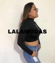 Cropped Feminino Gola Alta Manga Longa em Suplex/branco/preto/rosa