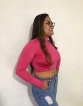 Cropped Feminino Gola Alta Manga Longa em Suplex/branco/preto/rosa