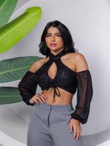 Cropped Feminino Gola Semi Alta Mangas Em Tule Paetê Luxo Cropped Feminino Gola Semi Alta Mangas Em Tule Paetê Luxo