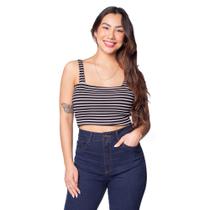 Cropped Feminino Infinitto Lady Canelado com Listras Preto