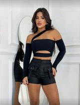 Cropped Feminino Manga Longa com Recorte Blusa Cropped Estilosa Moda Feminina