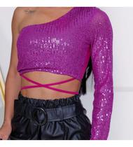 Cropped Feminino Manga Longa Paetê Brilhoso Moda Balada