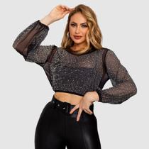 Cropped Feminino Manga Longa Tule Brilho Strass Moda Festa